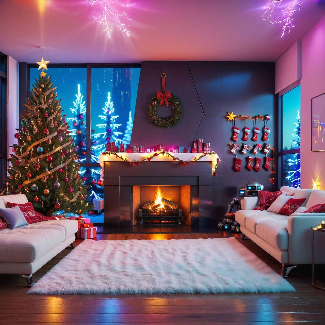 Future Christmas, Christmas, interior, house, realistic, fireplace, tree, presents, ornaments, lights, sofa, rug, (hologram),( robots),  poster,more detail XL, cyberpunk style