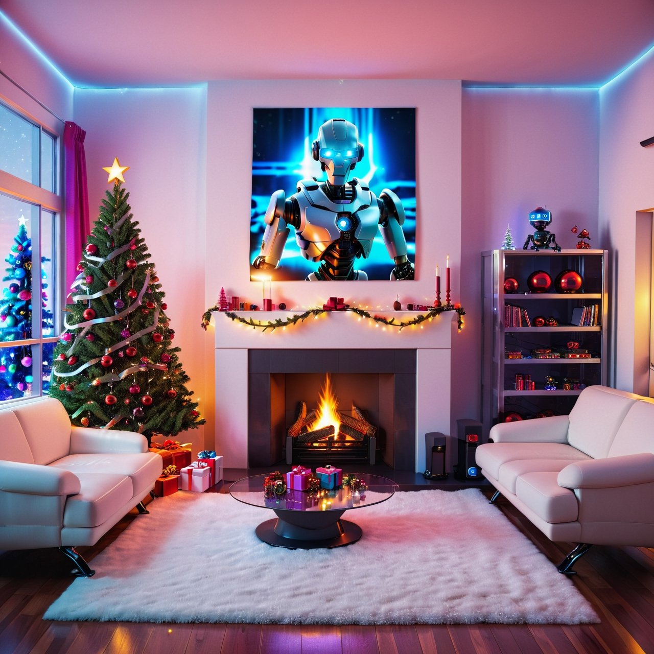 Future Christmas, Christmas, interior, house, realistic, fireplace, tree, presents, ornaments, lights, sofa, rug, (hologram),( robots),  poster,more detail XL, cyberpunk style