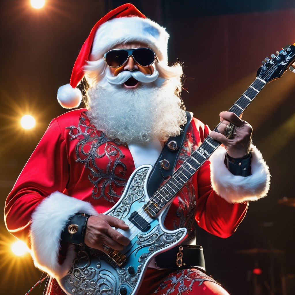 In a vibrant metal concert setting, Santa Claus, adorned in impressive metal attire with intricate details, sports rockstar shades. With his silver beard flowing in the wind, he confidently wields an electric guitar, while concert lights accentuate his presence. This scene aims for a realistic and high-quality representation with a touch of rockstar flair.