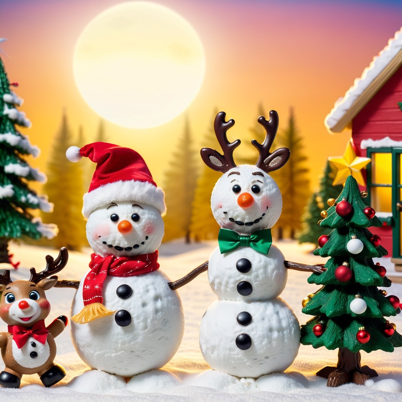 A humorous Christmas scene with a snowman, a reindeer, and a Santa hat. The snowman is in the center of the image, wearing a red and white Santa hat, as well as a green bow tie and vest. He has a silly grin on his face and is holding a miniature Christmas tree. The reindeer is standing next to the snowman, with a confused expression on its face as to what is happening. In the background, there are snow-covered trees and a bright yellow sun. The overall scene is light-hearted and quirky, adding a playful twist to the traditional Christmas imagery. 