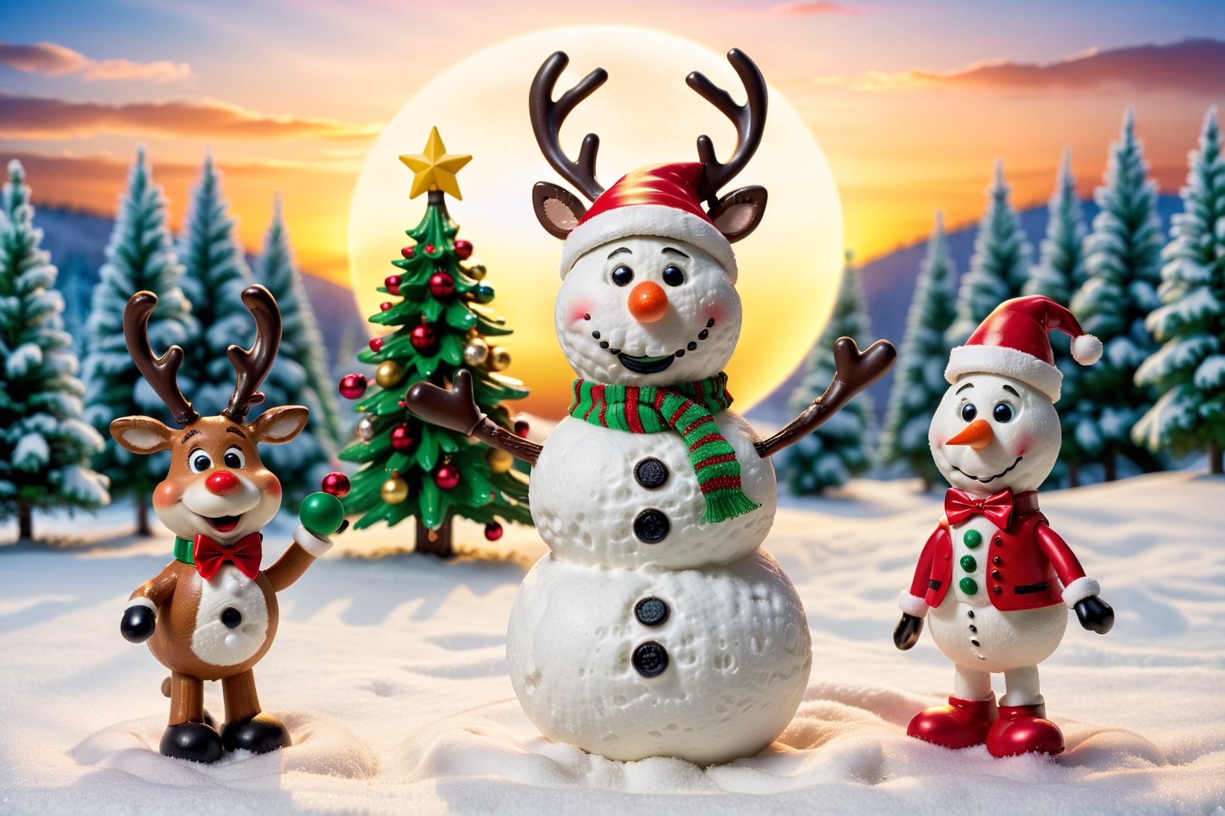 A humorous Christmas scene with a snowman, a reindeer, and a Santa hat. The snowman is in the center of the image, wearing a red and white Santa hat, as well as a green bow tie and vest. He has a silly grin on his face and is holding a miniature Christmas tree. The reindeer is standing next to the snowman, with a confused expression on its face as to what is happening. In the background, there are snow-covered trees and a bright yellow sun. The overall scene is light-hearted and quirky, adding a playful twist to the traditional Christmas imagery. 