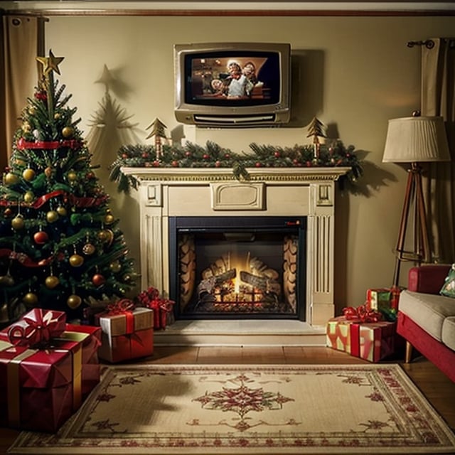(80s, 90s) , Christmas, Santa, vintage interior, house, realistic, fireplace, tree, presents, ornaments, lights, sofa, rug, ((vintage TV)), VCR, poster, ((vintage Style)),vintage ad style,wrenchs_hindustanambassador,vintage