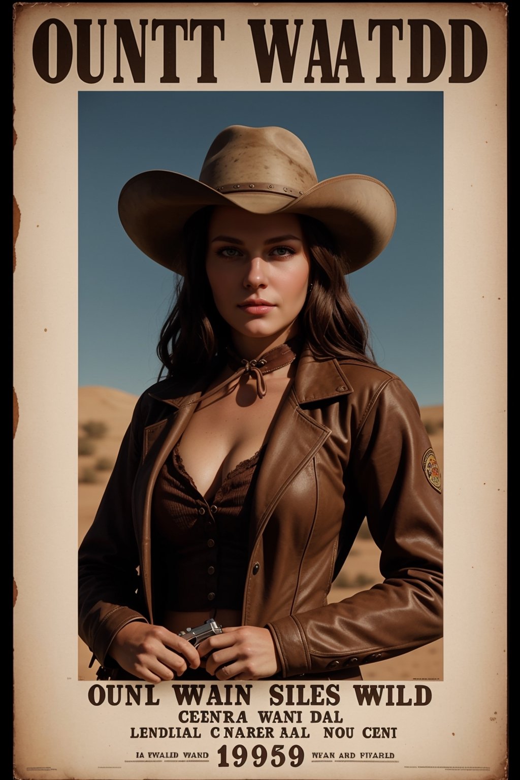 "Generate an image of a lone, fearless cowgirl featured prominently on a 'Wanted' poster in the style of classic Western movies. She should be the central focus, with her determined expression and revolver prominently displayed, making her the most wanted outlaw in the Wild West."


