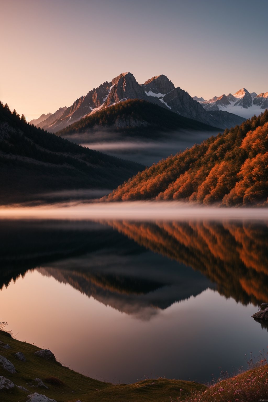 "Create an awe-inspiring 4K Ultra HD wallpaper that celebrates the breathtaking beauty of a serene mountain lake at sunrise. The scene should be set in a picturesque alpine landscape, with the tranquil lake reflecting the soft hues of the morning sky. The surrounding mountains should be shrouded in mist, adding an air of mystery and tranquility to the scene. Enhance the image with warm tones of orange and pink, creating a captivating and peaceful ambiance that evokes a sense of wonder and calm."