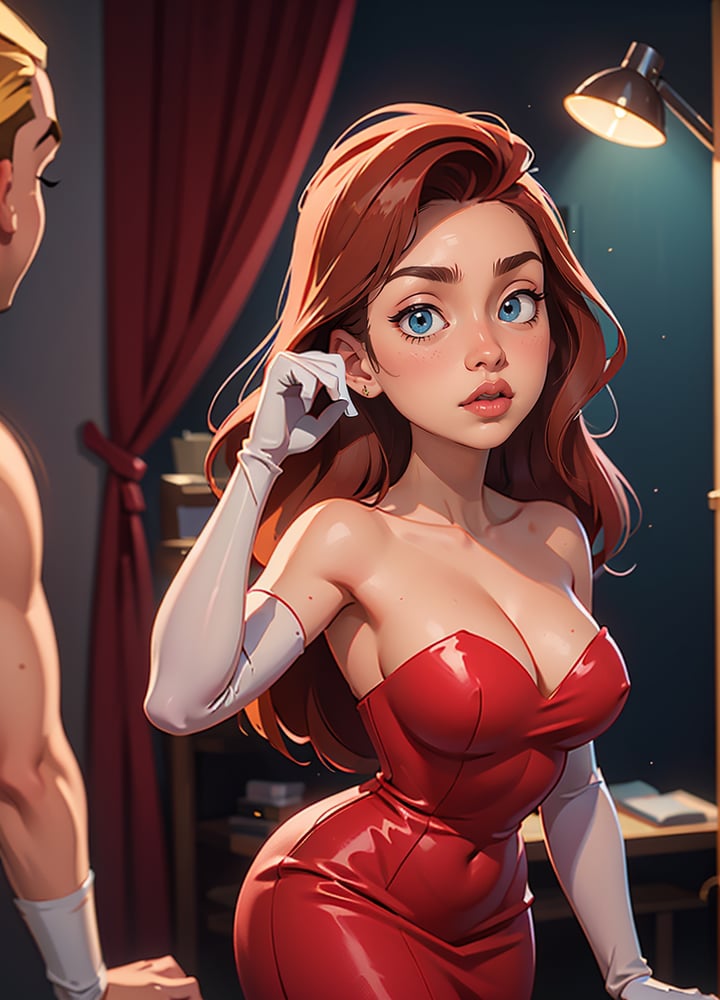 (JessicaWaifu:1),1girl, cute, looking at viewer, (jessica rabbit wavy red long hair, blue eyes), ((red dress:1.2)), (strapless dress, elbow gloves, orgasm face, red lips, makeup, cleavage), ((extremely curvy)), sexy, leaning forward, breast focus, sexy face, charming face,(detailed ladscape, backstage, dressing room, glamour:1.2), (background), (dynamic_angle:1.2), (dynamic_pose:1.2), (rule of third_composition:1.3), (dynamic_perspective:1.2), (dynamic_Line_of_action:1.2), solo, wide shot,(masterpiece:1.2), (best quality, highest quality), (ultra detailed), (8k, 4k, intricate),(full-body-shot:1), (Cowboy-shot:1.2), (50mm), (highly detailed:1.2),(detailed face:1.2), detailed_eyes,(gradients),(ambient light:1.3),(cinematic composition:1.3),(HDR:1),Accent Lighting,extremely detailed CG unity 8k wallpaper,original, highres,(perfect_anatomy:1.2) ,SAM YANG, 3DMM, Detailedface, Detailedeyes,hourglass body shape,Bulma_DB,MASTURBATION,2dcharacter,cherucot,tenletters,Jasmine,venusbody