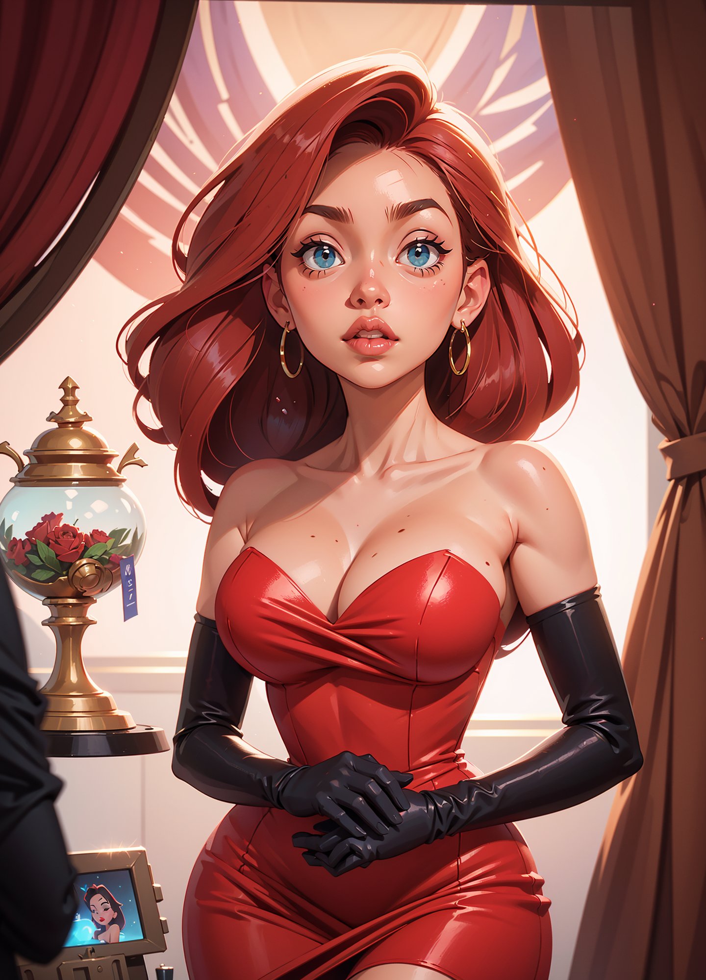 (JessicaWaifu:1),1girl, cute, looking at viewer, (jessica rabbit wavy red long hair, blue eyes), ((red dress:1.2)), (strapless dress, elbow gloves, orgasm face, red lips, makeup, cleavage), ((extremely curvy)), sexy, leaning forward, breast focus, sexy face, charming face,(detailed ladscape, backstage, dressing room, glamour:1.2), (background), (dynamic_angle:1.2), (dynamic_pose:1.2), (rule of third_composition:1.3), (dynamic_perspective:1.2), (dynamic_Line_of_action:1.2), solo, wide shot,(masterpiece:1.2), (best quality, highest quality), (ultra detailed), (8k, 4k, intricate),(full-body-shot:1), (Cowboy-shot:1.2), (50mm), (highly detailed:1.2),(detailed face:1.2), detailed_eyes,(gradients),(ambient light:1.3),(cinematic composition:1.3),(HDR:1),Accent Lighting,extremely detailed CG unity 8k wallpaper,original, highres,(perfect_anatomy:1.2) ,SAM YANG, 3DMM, Detailedface, Detailedeyes,hourglass body shape,Bulma_DB,MASTURBATION,2dcharacter,cherucot,tenletters,Jasmine,venusbody