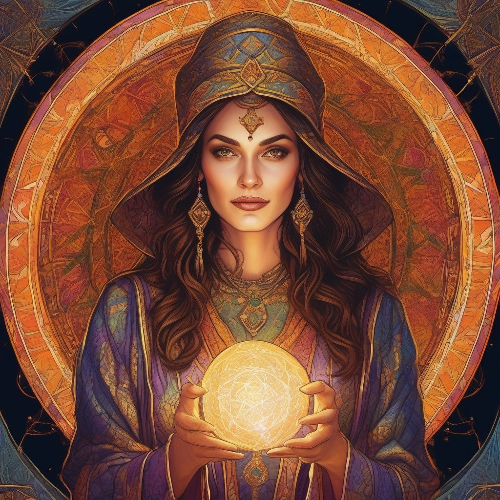 portrait of a beautiful spell caster woman - in the style of 2.5D game Cover, (oil-based color pencil drawing with detailed Hatching and white highlights, rim light) detailed hands, 