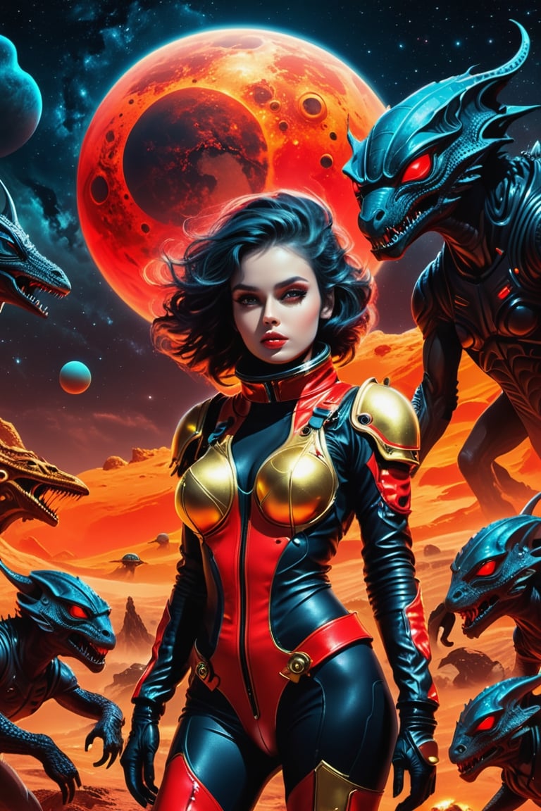 sexy astronaut girl, on a planet surrounded by monstrous scared aliens. and the planet dresses skies and landscapes in neon red , black and Gold colors, helm under arm