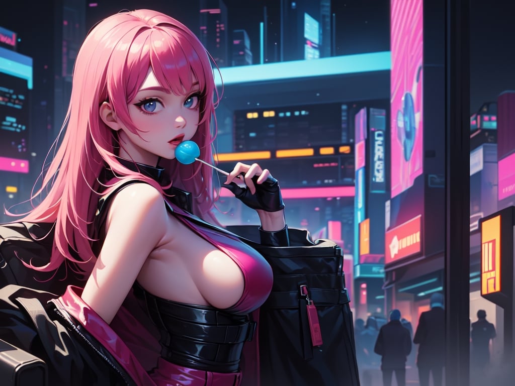 (4k),  (masterpiece),  (best quality),  (extremely intricate),  (realistic manga art anime),  (sharp focus),  (cinematic lighting),  (extremely detailed),  sci-fi theme,  synth-wave,  cyberpunk, ((upper body shot))

1girl, waifu,  looking at the viewer,  pink latex dress,  mini skirt,  crop top,  translucent,  large breasts,  lots of hidden details,  perfect body,  beautiful face,  long pink hair, holding a lolly pop in hand, hand

Backgound,  vibrant cyberpunk city, 

(sideboobs, breasts overflow:1.3), ultra resolution, high resolution, HDR, volumetric light, better_hands, SAM YANG, DonMChr0m4t3rr4 