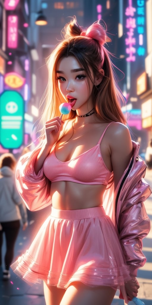 1girl,  looking at the viewer,  pink dress,  mini skirt,  crop top,  translucent,  lots of hidden details,  perfect body,  beautiful face,  long hair,  holding lolly popp, ((licking at one chupa chups Lolli Pop))

UHD image, vibrant artwork, vibrant manga, a mix of fantasy and realistic elements, dynamic artwork, 

Background,  vibrant cyberpunk city, perfect eyes, SAM YANG, Anime:2 wallpaper:1.5, masterpiece:1.3, enthusiastically detailed photo:1.2), (hyper-realistic lifelike texture:1.4), highly detailed, ((masterpiece, best quality)), ,1 girl