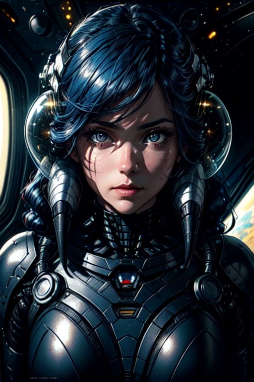 nice, beautiful, pleasing, frontal, closeup detailed face, curly long blue hair, space helm from the 1960s Sci Fi a bit of Giger Space Queen metal, bone

cinematic photograph of  alien, wearde
, fast ,wind, , lighting, 
, realistic, intricate and hyperdetailed,  album cover art, 3D lighting, high contrast,






,
Impressionism,







