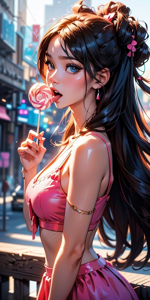 ((anime art illustration))

1girl,  looking at the viewer,  pink dress,  mini skirt,  crop top,  translucent,  lots of hidden details,  perfect body,  beautiful face,  long hair,  holding lolly Popp, ((licking a Chupa Chups Lollipop))

UHD image, vibrant artwork, vibrant manga, a mix of fantasy and realistic elements, dynamic artwork, 

Background,  vibrant cyberpunk city, perfect eyes, SAM YANG, Anime:2 wallpaper:1.5, masterpiece:1.3, enthusiastically detailed photo:1.2), (hyper-realistic lifelike texture:1.4), highly detailed, ((masterpiece, best quality)), ,1 girl