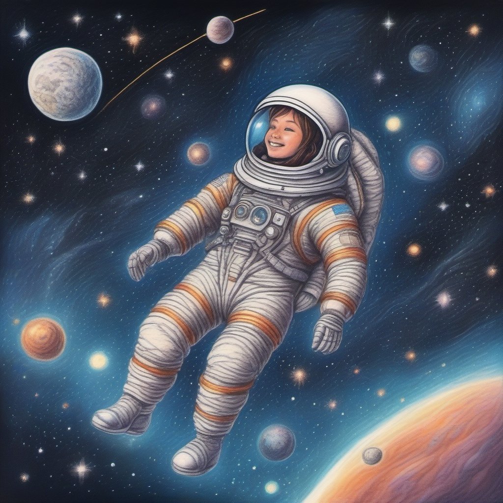 (((Illustration made with oil-based color pencils)))

an astronaut floating weightlessly in the vastness of space, surrounded by twinkling stars and distant galaxies. Its smile radiates a sense of wonder and adventure, reminding us of the boundless possibilities that await humanity among the stars 