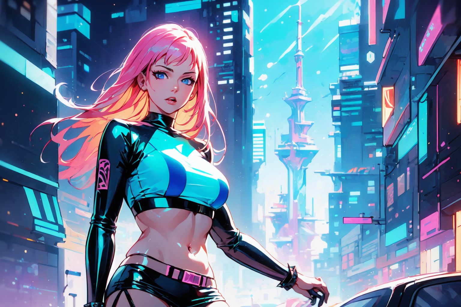 (4k), (masterpiece), (best quality), (extremely intricate), (realistic manga art anime), (sharp focus), (cinematic lighting), (extremely detailed), sci-fi theme, synth-wave, cyberpunk

1girl, waifu, looking at the viewer, pink latex dress, mini skirt, crop top, translucent, large breasts, lots of hidden details,  perfect body, beautiful face, long pink hair

Backgound, vibrant cyberpunk city