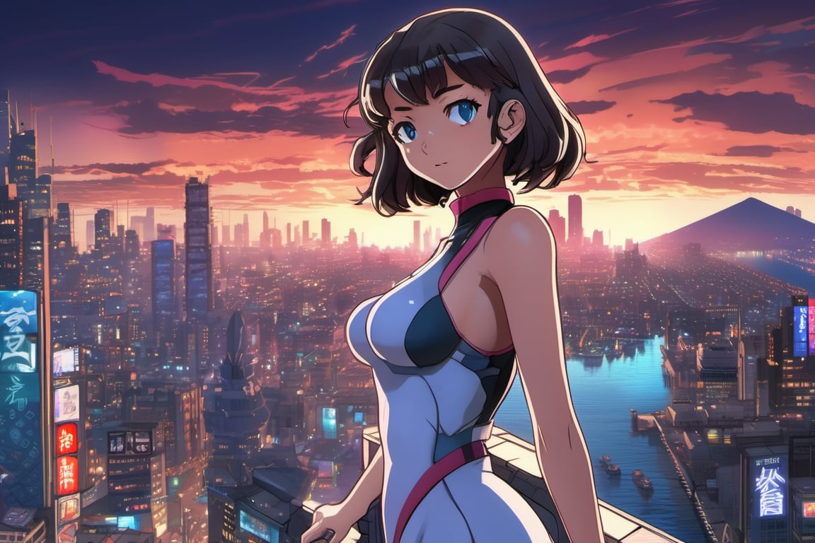 1 anime girl, beautiful eyes, waifu, sci-fi theme, tight evening dress, ((masterpiece)), intricate, lots of detail, looking at the viewer, arms up, sportive, sexy body, manga art style like Studio Ghibli, vibrant city in the background, advertising signs, synth-wave vibes, high-quality anime art