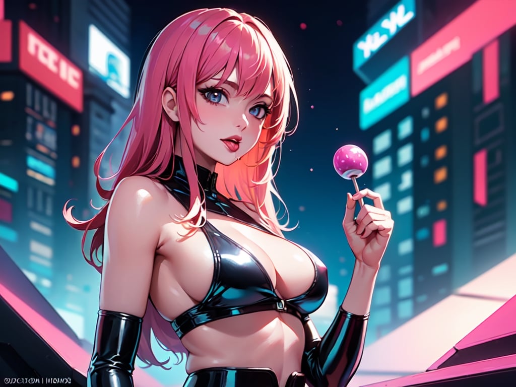 (4k),  (masterpiece),  (best quality),  (extremely intricate),  (realistic manga art anime),  (sharp focus),  (cinematic lighting),  (extremely detailed),  sci-fi theme,  synth-wave,  cyberpunk, ((upper body shot))

1girl, waifu,  looking at the viewer,  pink latex dress,  mini skirt,  crop top,  translucent,  large breasts,  lots of hidden details,  perfect body,  beautiful face,  long pink hair, holding a lolly pop in hand, stick out tongue, hand

Backgound,  vibrant cyberpunk city, 

(sideboobs, breasts overflow:1.3), ultra resolution, high resolution, HDR, volumetric light, better_hands, SAM YANG,DonMChr0m4t3rr4 