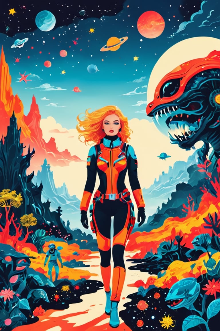 sexy astronaut girl, on a planet surrounded by monstrous scared aliens. and the planet dresses skies and landscapes in neon red , black and Gold colors, helm under arm