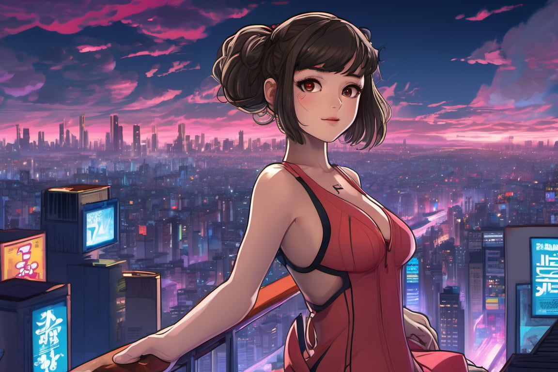 1 anime girl, beautiful eyes, waifu, sci-fi theme, tight evening dress, ((masterpiece)), intricate, lots of detail, looking at the viewer, arms up, sportive, sexy body, manga art style like Studio Ghibli, vibrant city in the background, advertising signs, synth-wave vibes, high-quality anime art, by sam does art, by Sam Yang