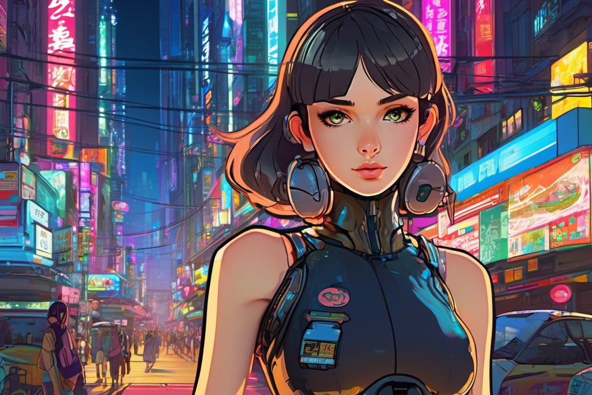 1girl, full body, ((masterpiece)), beautiful eyes,  waifu,  sci-fi theme,  tight evening dress, intricate details,  lots of detail,  looking at the viewer, slender body, manga art style, by Studio Ghibli, vibrant cyberpunk city in the background,  advertising signs,  synth-wave style, high-quality anime art, 