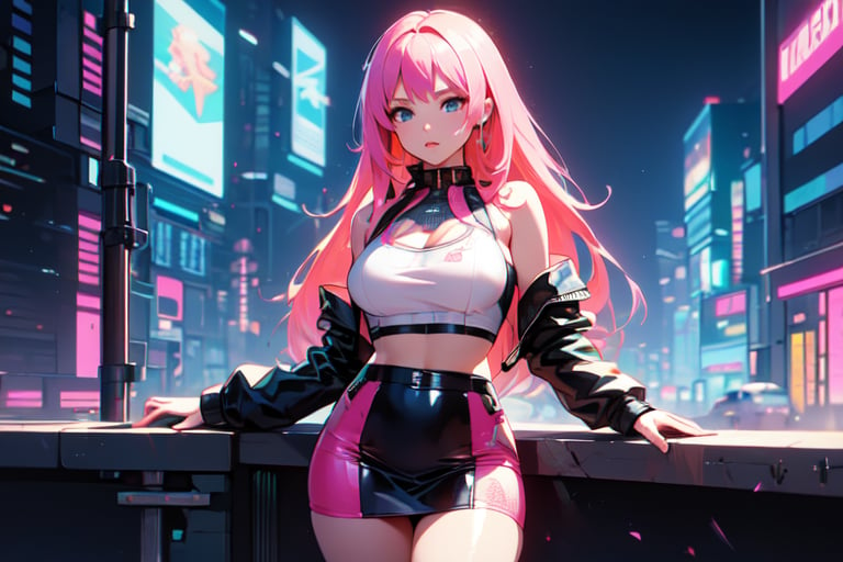 (4k), (masterpiece), (best quality), (extremely intricate), (realistic manga art anime), (sharp focus), (cinematic lighting), (extremely detailed), sci-fi theme, synth-wave, cyberpunk

1girl, waifu, looking at the viewer, pink latex dress, mini skirt, crop top, translucent, large breasts, lots of hidden details,  perfect body, beautiful face, long pink hair

Backgound, vibrant cyberpunk city