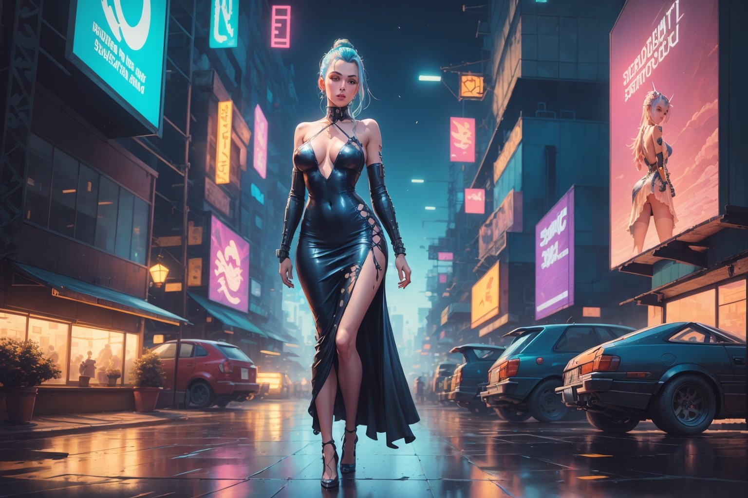 (4k), (masterpiece), (best quality),(extremely intricate), (realistic), (sharp focus), (cinematic lighting), (extremely detailed), ((sci-fi theme)), synthwave, cyberpunk

1girl, ((full-body)), waifu girl,   tight evening dress,  intricate details,  lots of hidden details,  looking at the viewer,  slender body,  high-quality manga art style,  painted by Studio Ghibli,  vibrant cyberpunk city in the background,  advertising signs,  synth-wave style,  high-quality anime art,