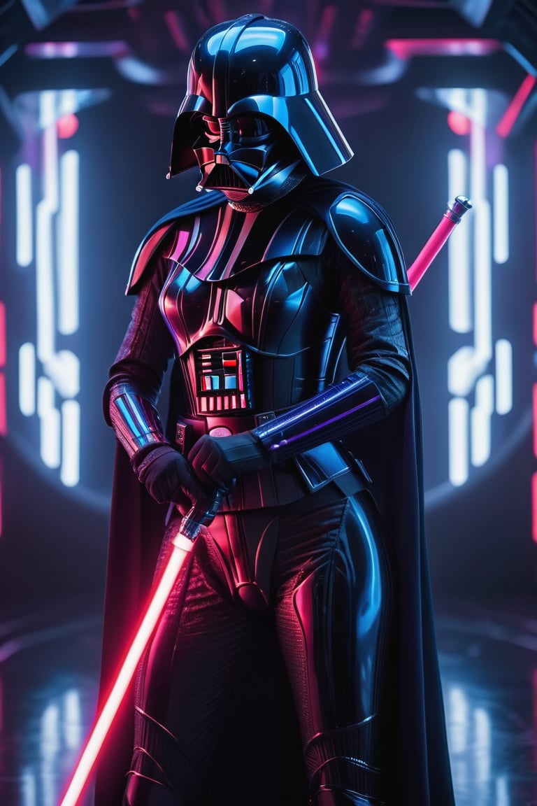 A woman clad in Darth Vader armor, depicted with a 4K Blu-ray cinematic quality, exhibits glowing neon skin. She stands poised with a red neon sword, set against a backdrop of planets. The scene is bathed in strong iridescent light, with neon colors and violet highlights accentuating the dark blue suit, which is adorned with sparkles. This image contains no text and is attributed to Kaja Foglio.