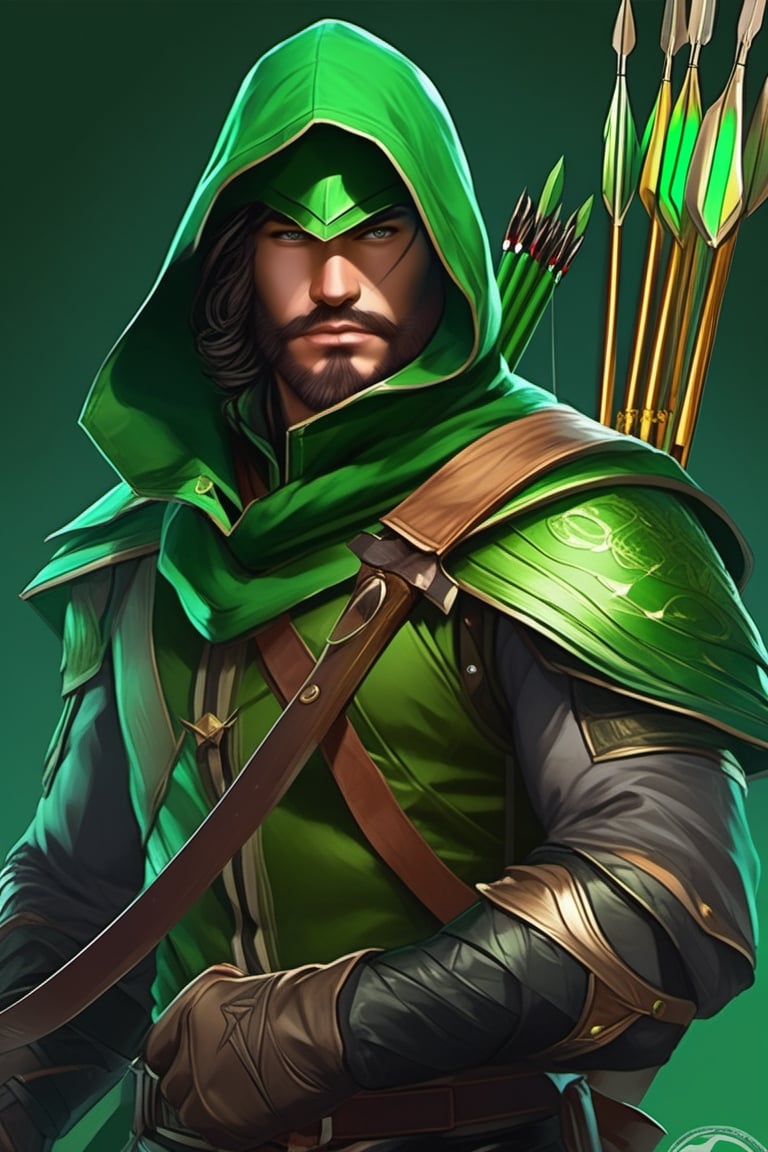 a man dressed in green holding a bow and arrow, as seen on artgerm, man wearing a closed cowl, iconic character splash art, inspired by István Réti, green hood, wallpaper mobile, full - body portrait of a ranger, unmasked, restored colors, with hand crossbow, wearing a general\'s uniform