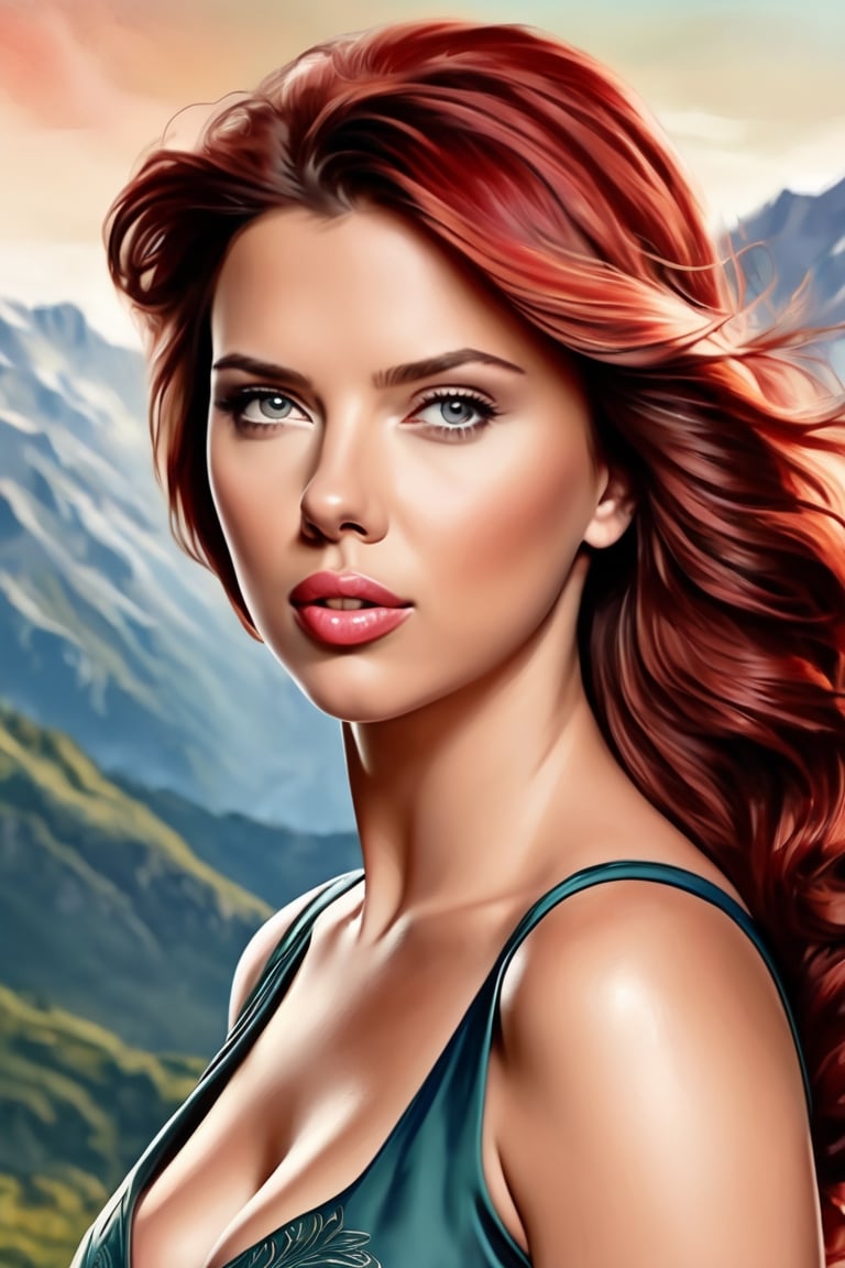 realistic photo, (Adriana Lima), full shot, cel-shading style, centered image, ultra detailed illustration of a beautiful redhead in a simple way (tetradic colors), mountains background, inkpunk, ink lines, strong contours, art nouveau, art MSchiffer, bold strokes, no frame, high contrast, cellular shading, vector, 32k resolution, best quality, procreation, watercolor technique, poster design, 300 dpi, soft lighting, ethereal art, mysterious and serene expression, atmosphere lovely, bokeh, photography, 8k, dark, dynamic action, faded pale style, dreamy nostalgic, soft focus, dark vignetting, light leaks, medium photography, artistic shadow painting, ethereal photography, whimsical and rough grain.,scarlett johansson