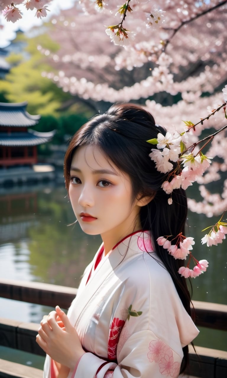 Amidst the abundant charm of spring, there is an 18 year old girl standing gently under the blooming cherry trees in the city of Kyoto, Japan. Its presence is like a living tribute to the beauty of nature. This girl was wearing a traditional kimono that was soft pink with a cherry blossom pattern that matched the background. Her long black hair flowed so beautifully, as if it were a calm and deep river of darkness. A strand of cherry blossoms descended from her flowing hair, adding a touch of elegance and serenity to the moment. Her sparkling eyes were like clear water, reflecting the charming magic of spring. The girl was standing on a bamboo mat located under a cherry tree, holding a half-open bamboo fan, creating a cool breeze that waved around her. In his hand, there was a glass cup filled with hot green tea, with gentle steam floating above it. The background was a neat Japanese garden, with an arch-shaped bridge made of wood that crossed a calm river. In the river, colorful koi fish swim gracefully under the clear surface of the water. The evening sunlight highlights the flowering cherry trees, creating dazzling reddish colors and giving a sense of warmth to the entire scene.