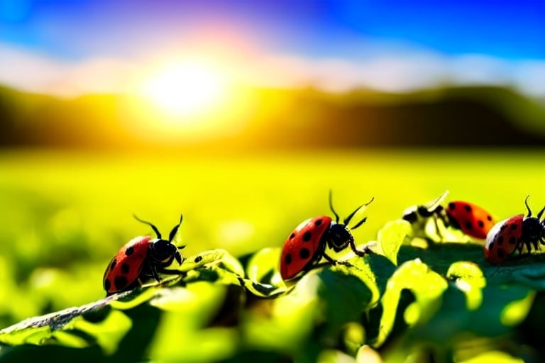 green shoots, ladybugs, rabbits, playing together in the golden sunlight.