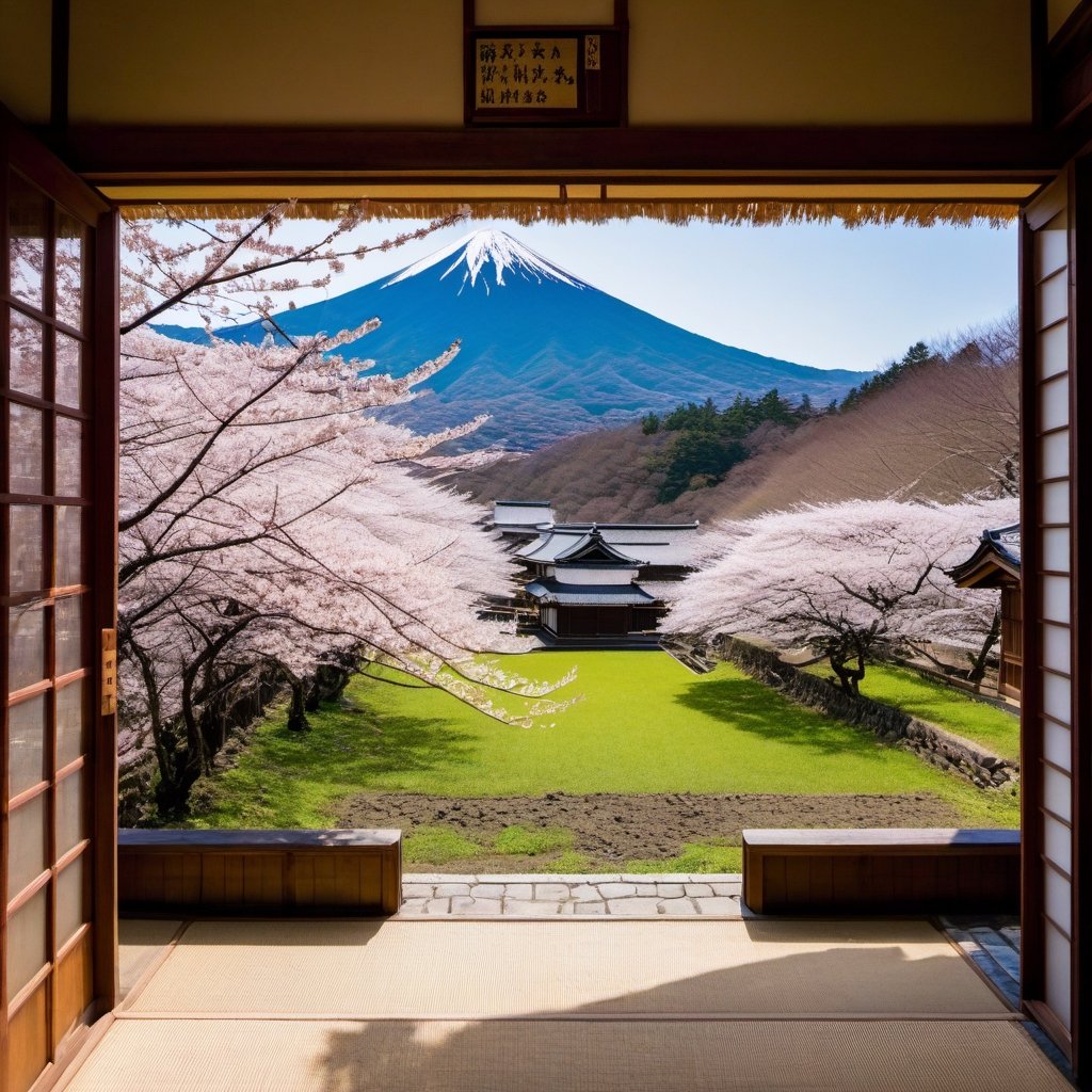 In a remote village in the interior of Japan, natural beauty and unique Japanese culture combine in extraordinary harmony. The village is located at the foot of a volcano covered in dense green forest, where the sound of gurgling water from a small river fills the air with tranquility.In spring, the cherry blossoms bloom brilliantly, creating a carpet of soft cherry blossoms along the riverbank. Villagers gather under blooming cherry trees to celebrate Hanami, an ancient cherry blossom festival. Some of them wear traditional kimonos with beautiful and colorful patterns, while others play the shamisen, creating soothing traditional music. During the summer, the green fields around the village are filled with fat rice plants. Local farmers diligently work in the rice fields, following a hereditary tradition that has existed for centuries. The village is surrounded by undulating green fields, creating stunningly beautiful views. Autumn brings magical color changes to the village. The red, yellow and orange maple trees bloom beautifully, creating a spectacular view around the traditional temple located in the center of the village. Villagers hold a Shichi-Go-San celebration, a traditional ceremony where children at the ages of three, five, and seven come to the shrine to pray. In winter, the entire village is covered by a thick layer of white snow. Traditional houses with wide thatched roofs display the beauty of classic Japanese architecture. People gather inside their warm homes while enjoying traditional foods like nabe (hot pot) and warm sake. Views of towering mountains in the background, old temples honoring spiritual heritage, and daily life filled with tradition creates an impressive picture of the peaceful and beautiful Japanese countryside.