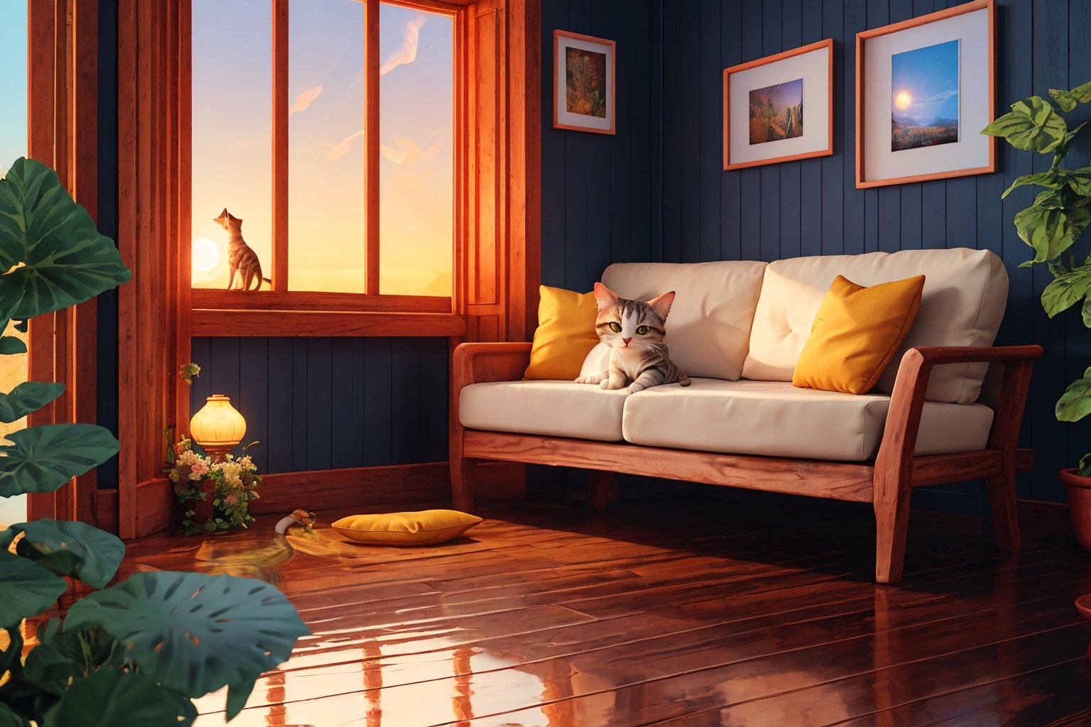 In a warm and loving house, there is a view full of charm. The cat, a small, fluffy creature with a smooth reddish brown color, lay comfortably on the soft sofa. Its small body moves up and down slowly along with its calm breathing. The Cat's natural color creates a beautiful contrast with the soft cream color of the sofa surrounded by brightly colored cushions. The soft feathers seem to create a blend of different color notes, like a living canvas. Her small head, with ears that seemed to listen to the whispering wind, lay beautifully on one of the pillows, facing towards the window. Outside the window, the world was revealed in the beauty of the rising sun. Soft golden light radiated in, illuminating the room with warmth. The young sun, with its light casting delicate shadows along the surface of the window glass, offers the promise of a new day. Sunlight plays a sparkling dance on the surface of the clean wooden floor, creating amazing light patterns.