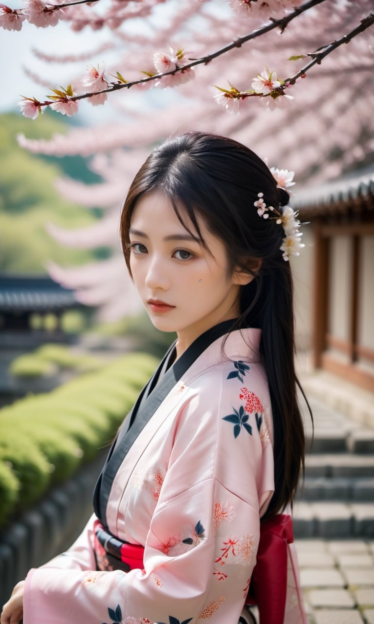 Amidst the abundant charm of spring, there is an 18 year old girl standing gently under the blooming cherry trees in the city of Kyoto, Japan. Its presence is like a living tribute to the beauty of nature. This girl was wearing a traditional kimono that was soft pink with a cherry blossom pattern that matched the background. Her long black hair flowed so beautifully, as if it were a calm and deep river of darkness. A strand of cherry blossoms descended from her flowing hair, adding a touch of elegance and serenity to the moment. Her sparkling eyes were like clear water, reflecting the charming magic of spring. The girl was standing on a bamboo mat located under a cherry tree, holding a half-open bamboo fan, creating a cool breeze that waved around her. In his hand, there was a glass cup filled with hot green tea, with gentle steam floating above it. The background was a neat Japanese garden, with an arch-shaped bridge made of wood that crossed a calm river. In the river, colorful koi fish swim gracefully under the clear surface of the water. The evening sunlight highlights the flowering cherry trees, creating dazzling reddish colors and giving a sense of warmth to the entire scene.