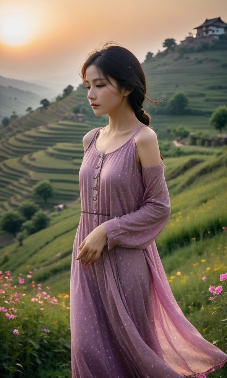 In the middle of a village located on a hillside, there was a village girl who attracted the attention of everyone who saw her. This girl had shoulder-length hair that flowed gently, brown like the fertile soil around her. Her hair was swept by the gentle breeze blowing from the valley below.

This village girl wears a long dress made of hand-woven fabric, with colors that reflect the various shades of the sunset that decorates the sky behind her. Her dress had a mix of pink, orange, and purple that resembled a mesmerizing sunset sky. The finishing touch to her dress was wildflower embellishments attached to her shoulders and waist, giving a magical natural touch to her look.

The look in this girl's eyes is a reflection of the sun sinking behind the hills, creating a stunning natural wonder. His eyes gleamed like silver as he looked up at the changing color of the evening sky. With delicate hands, she held a bunch of wildflowers that she had just picked from the meadows that grew abundantly around the village.

The background is a stunning sunset view. The orange sun sets slowly behind the hilltops, creating a beautiful silhouette. The soft evening light illuminates the small village below, highlighting the houses with glowing windows. In the distance, the green valley radiates tranquility, dotted by a small, meandering river.

Village life is peaceful and simple, with the villagers smiling happily as they walk home after a day's work. The cheerful sounds of children playing in the open field filled the air. Everything looks like a living natural painting, and this village girl, with her natural beauty, is an integral part of the existing beauty.