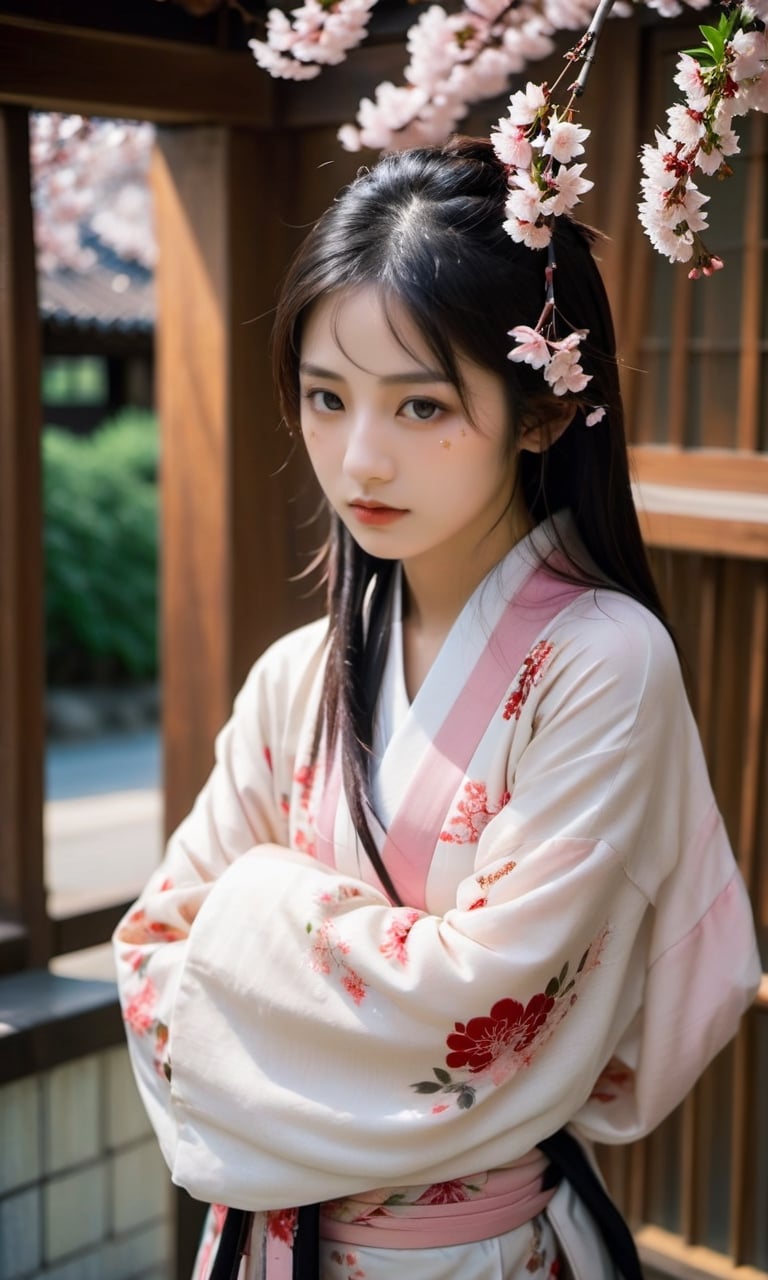 Amidst the abundant charm of spring, there is an 18 year old girl standing gently under the blooming cherry trees in the city of Kyoto, Japan. Its presence is like a living tribute to the beauty of nature. This girl was wearing a traditional kimono that was soft pink with a cherry blossom pattern that matched the background. Her long black hair flowed so beautifully, as if it were a calm and deep river of darkness. A strand of cherry blossoms descended from her flowing hair, adding a touch of elegance and serenity to the moment. Her sparkling eyes were like clear water, reflecting the charming magic of spring. The girl was standing on a bamboo mat located under a cherry tree, holding a half-open bamboo fan, creating a cool breeze that waved around her. In his hand, there was a glass cup filled with hot green tea, with gentle steam floating above it. The background was a neat Japanese garden, with an arch-shaped bridge made of wood that crossed a calm river. In the river, colorful koi fish swim gracefully under the clear surface of the water. The evening sunlight highlights the flowering cherry trees, creating dazzling reddish colors and giving a sense of warmth to the entire scene.