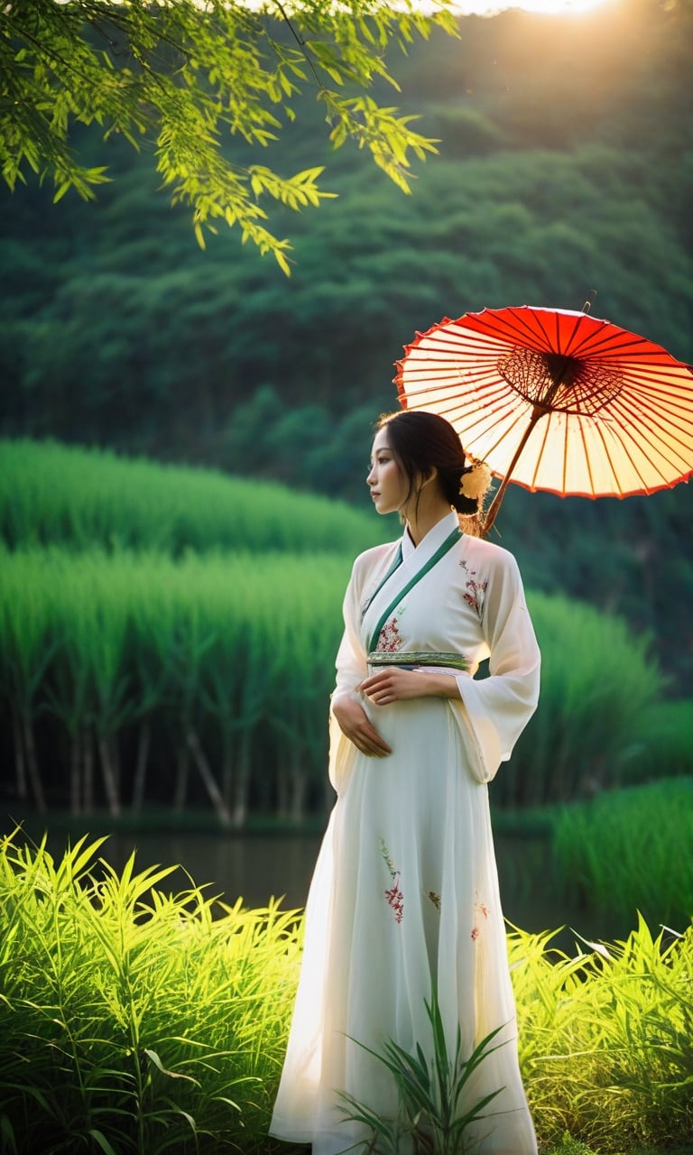 In the warm evening light, there was an 18 year old girl standing on the edge of a vast green expanse in rural China. The sun was starting to set behind the hills in the distance, emitting a golden yellow color, creating a beautiful silhouette that surrounded the girl. This girl had long black hair that flowed gently with the gentle breeze, creating a beautiful shadow on her face that was full of an expression of wisdom and elegance.

She wore a traditional Chinese dress made of silk with a delicate floral motif, providing a colorful touch amidst the shady green expanse. In his hand, he held a red Chinese umbrella, as if ready to embark on a journey amidst the tranquil nature. Around him, lush green fields could be seen, with rice plants towering under the sun. In the distance, a river flowed peacefully, creating a clear reflection of the colorful evening sky. Several ducks swimming in the river add a lively touch to this scene. The girl is also surrounded by towering bamboo trees, creating a unique texture in the background. Above the skylight, seagulls flew in a V formation, adding a dramatic element to the picture. However, what stood out the most were the girl's eyes; her bright, inquisitive brown eyes reflect the depth of spirit and profound cultural richness of rural China. This moment is a portrait of natural beauty and cultural elegance combining themselves into one stunning whole.