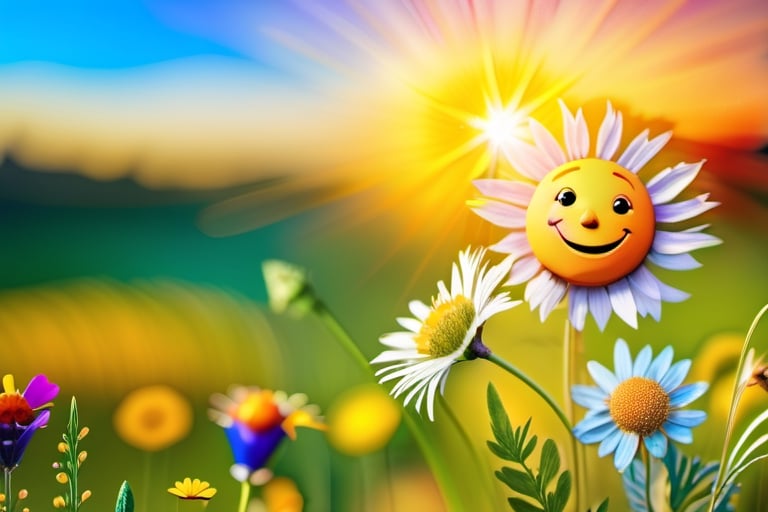 tiny seeds clinging tightly to the ground, in vibrant meadows filled with colorful wildflowers, a smiling sun in the sky,