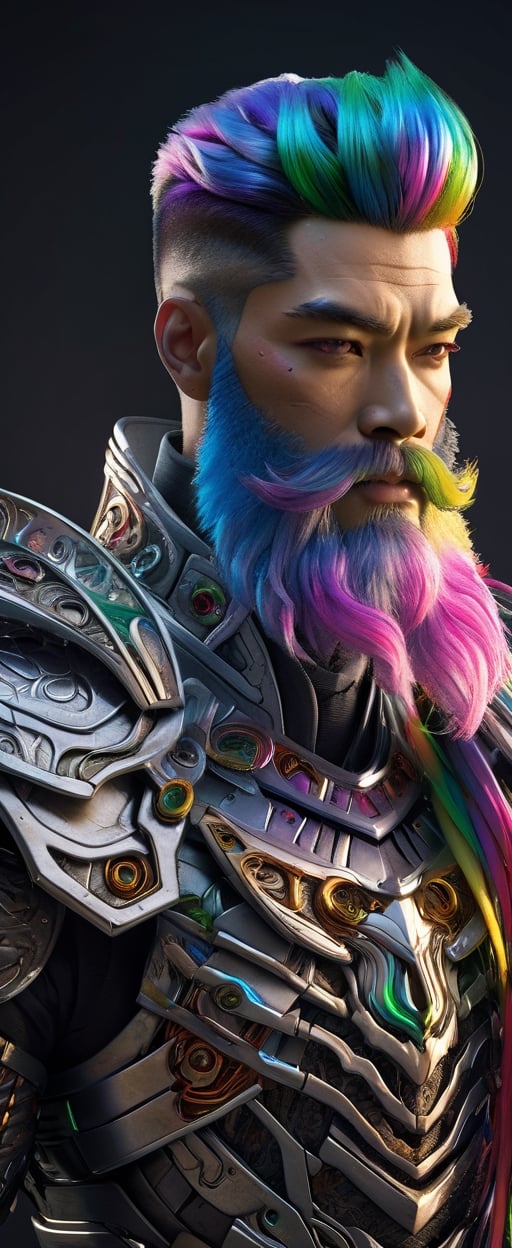 lifelike photography of a cyborg man with amazing silky beard, rainbow hair, broad chest, (beauty and detailed armor), hugging, delicate white filigree, intricate filigree, shining, navel, highly detailed, intricate detail, facial symmetry, masterpiece, east java male character, sharp focus, concept art, low key, 8k, uhd, low key, octane render