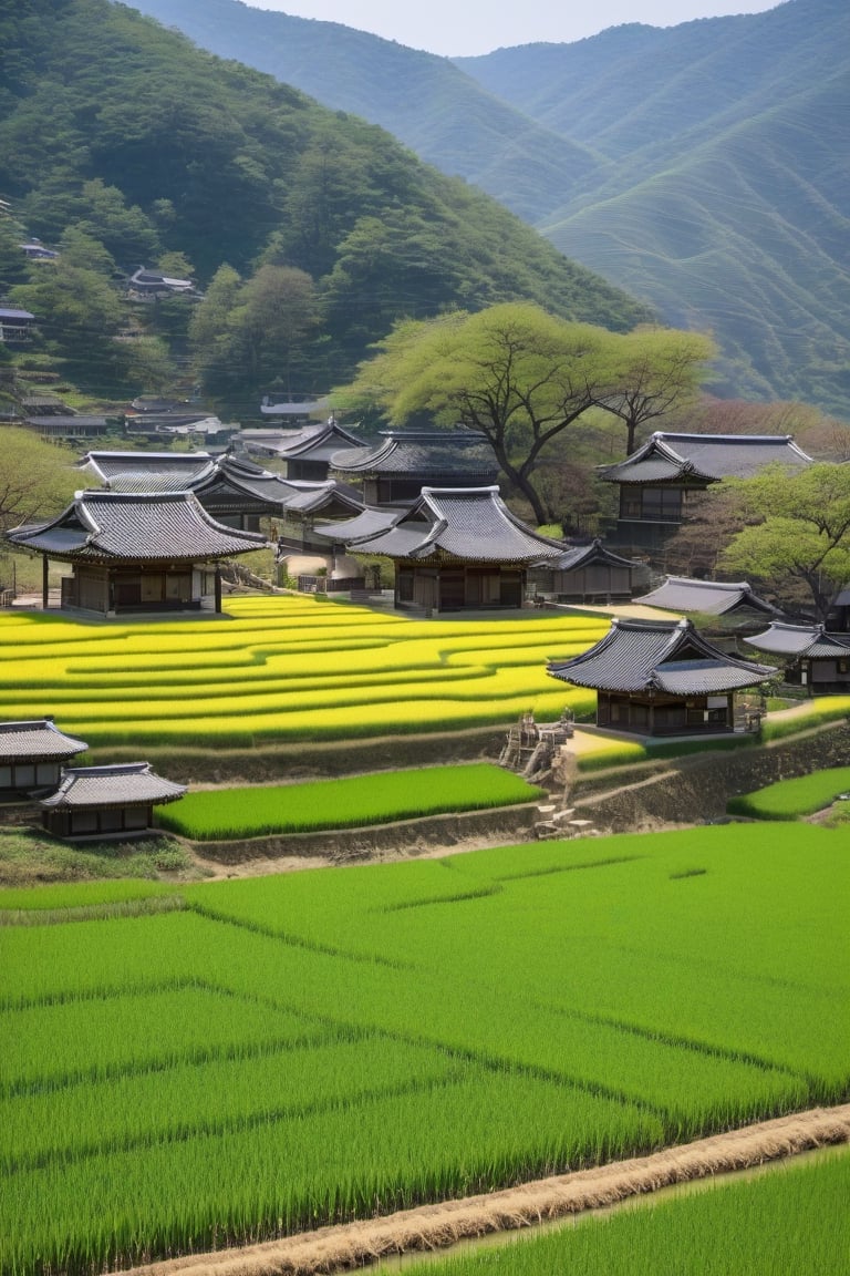 You're in the middle of the beautiful Korean countryside, under clear, sunny blue skies, with green mountains towering in the distance. The sun was shining brightly, reflecting its rays over the neatly arranged green rice fields, giving a golden glow to the rice fields that swayed gently in the gentle breeze. These rice fields are like a sea of gold that swirls around, creating a hypnotic play of light. Along the edge of the rice fields, there is a path made of small stones arranged neatly. This road crosses rice fields and takes you towards a small village located on the mountainside. Large trees with dense green leaves provide coolness and shade along the road, creating a soothing green corridor. This small village is filled with traditional Korean houses made of wood with dark brown tile roofs. Each house has a small garden in front filled with colorful flowers, such as plum blossoms, cherry blossoms, and jasmine. There is also a small bridge connecting the village to the vegetable plantation area, which is filled with plants such as radishes, daikon and red chilies that gleam in the sun. You can see friendly villagers wearing traditional Korean clothing, hanbok, doing their activities around the village. Some of them are busy with agricultural work, while others sit together under shady trees, enjoying traditional Korean green tea.In the distance, you can see a magnificent ancient temple, with colorful terraced roofs and a huge Buddha statue. This temple is the center of the spiritual life of the local community, and you can see groups of pilgrims who come to meditate and pray.4k,8k