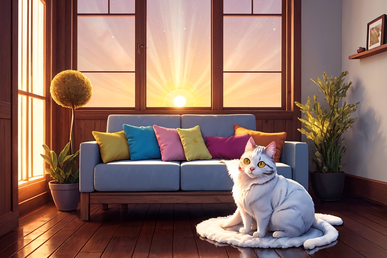 In a warm and loving house, there is a view full of charm. The cat, a small, fluffy creature with a smooth reddish brown color, lay comfortably on the soft sofa. Its small body moves up and down slowly along with its calm breathing. The Cat's natural color creates a beautiful contrast with the soft cream color of the sofa surrounded by brightly colored cushions. The soft feathers seem to create a blend of different color notes, like a living canvas. Her small head, with ears that seemed to listen to the whispering wind, lay beautifully on one of the pillows, facing towards the window. Outside the window, the world was revealed in the beauty of the rising sun. Soft golden light radiated in, illuminating the room with warmth. The young sun, with its light casting delicate shadows along the surface of the window glass, offers the promise of a new day. Sunlight plays a sparkling dance on the surface of the clean wooden floor, creating amazing light patterns.