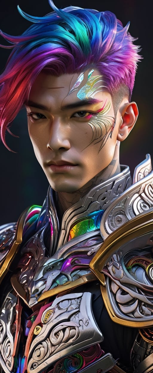 life-like photography of a stunning cyborg man, rainbow hair, broad chest, (beauty and detailed armor), hugging, delicate white filigree, intricate filigree, shining, navel, incredibly detailed, intricate detail, facial symmetry, masterpiece, male character east java, sharp focus, concept art, low key, 8k, uhd, low key, octane render