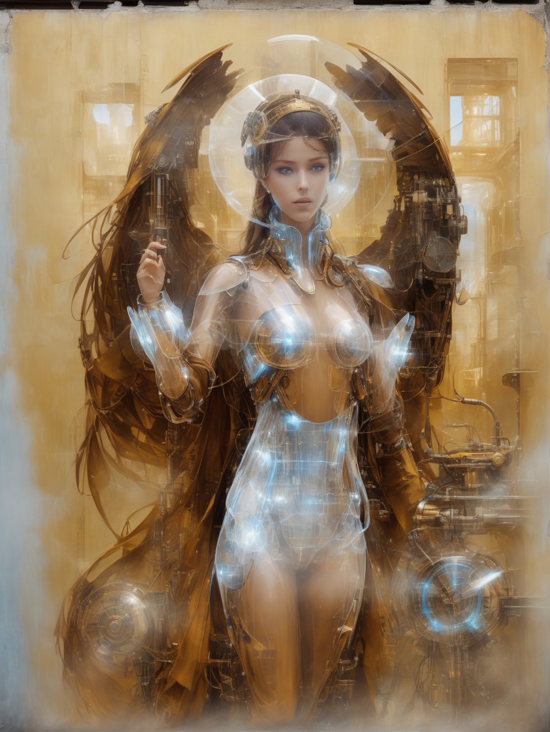 Imagine a beautiful cyborg with a translucent glowing glass body with clockwork completely visible through her translucent glass body walking through a futuristic city,  flowy hair,  fantasy,  large crow wings, work of beauty and complexity,  8k UHD,  hyperdetailed ultrarealistic face,  blue eyes , cyborg style,  glowing translucent glass,  amber glow, steampunk style,  glass body,  80mm digital photo,  wide_hips,  translucent seethrough glass like body, Leonardo Style, , , , , , , , , ,cyborg style,steampunk style,Leonardo Style,cyborg,android,steampunk