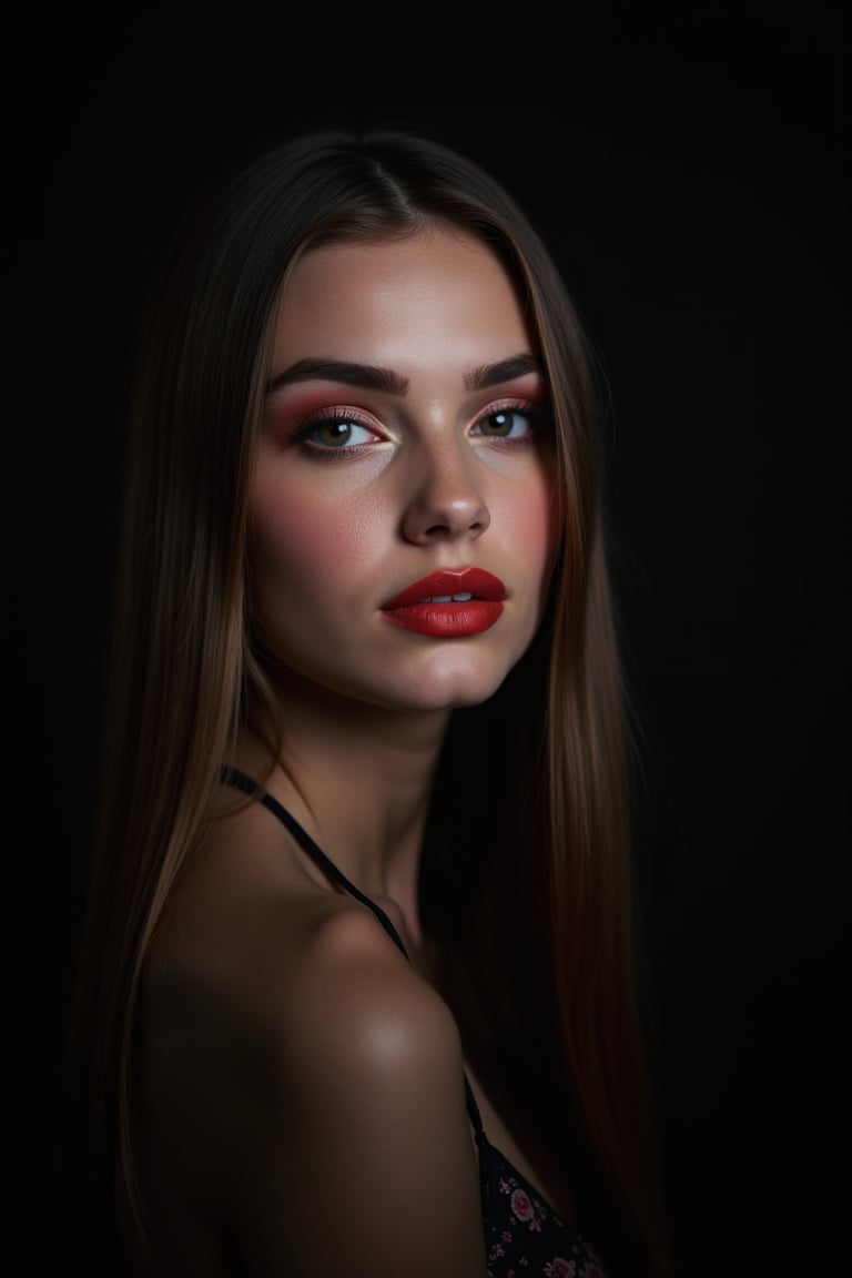 




pretty woman, graphics interesting creative effect, black dark color theme, light skin, red cheeks, , pink lips, glossy shiny reflective lips, long straight hair, looking aside