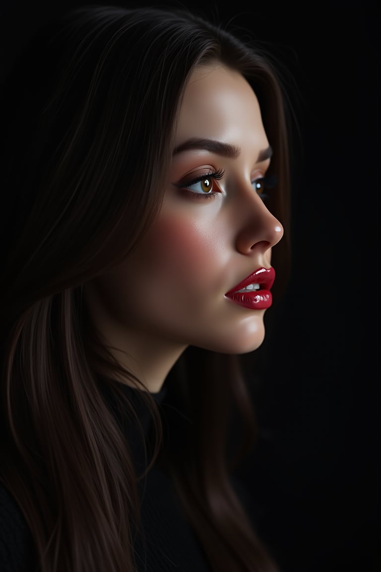 




pretty woman, graphics interesting creative effect, black dark color theme, light skin, red cheeks, , pink lips, glossy shiny reflective lips, long straight hair, looking aside