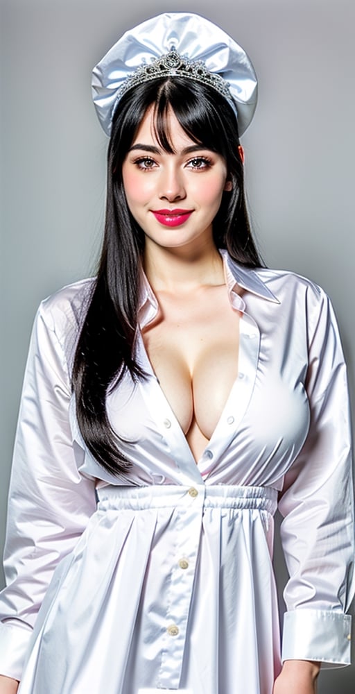 woman, beautiful face, perfect face, colorful eyes fully black hair, pale white skin, sexy marks, perfect, fully white abstract background, shiny pink accessories, blue and white theme, best quality, clear texture, details, canon eos 80d photo, light makeup, (very big boobs in formal open dress shirt: 1.1), smile, (pink_background: 1.0)