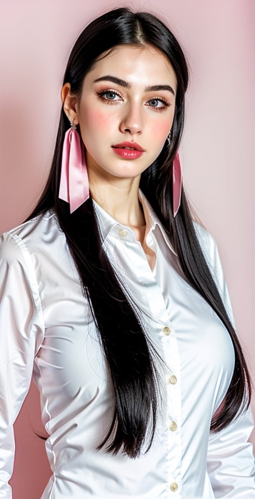 woman, beautiful face, perfect face, colorful eyes fully black hair, pale white skin, sexy marks, perfect, fully white abstract background, shiny pink accessories, pink and white theme, best quality, clear texture, details, canon eos 80d photo, light makeup, (very big boobs in formal open dress shirt: 1.1)