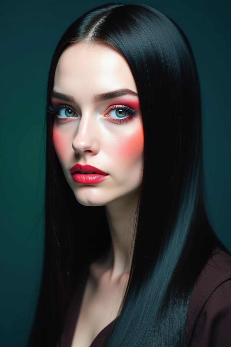 




pretty woman, sleek straight hair, abstract dark blue dark green background, glossy makeup, glossy pink lips, white skin, long hair, colorful eyes, red cheeks, snow white skin