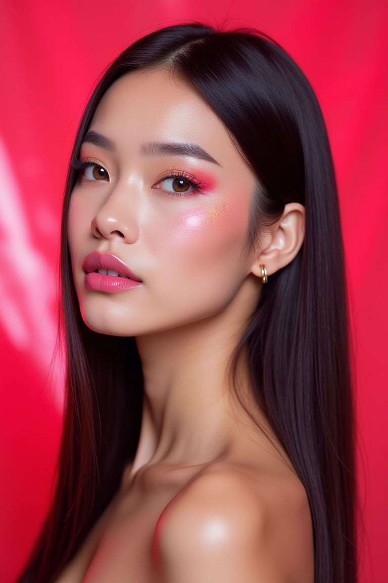 




pretty woman, sleek straight hair, abstract red pink background, glossy makeup, glossy pink lips, white skin, long hair, colorful eyes