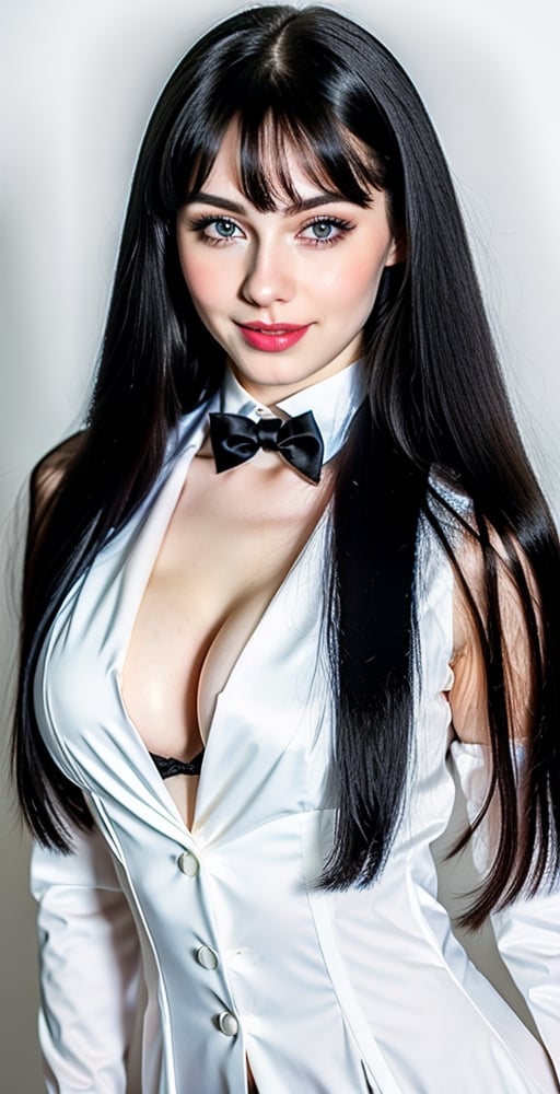 woman, blue eyes, straight long middle parted hairstyle, sliky black hair, super beauty marks, pale white skin, best quality, clear texture, details, canon eos 80d photo, light makeup, (black background theme: 1.1), (pale white skin:1.1), big huge boobs, professional coloring photo, smile, cute, bunnygirl costume formal suit