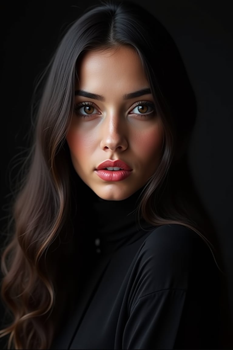 




pretty woman, graphics interesting creative effect, black dark theme, light skin, red cheeks, , pink lips, long straight hair, arab girl